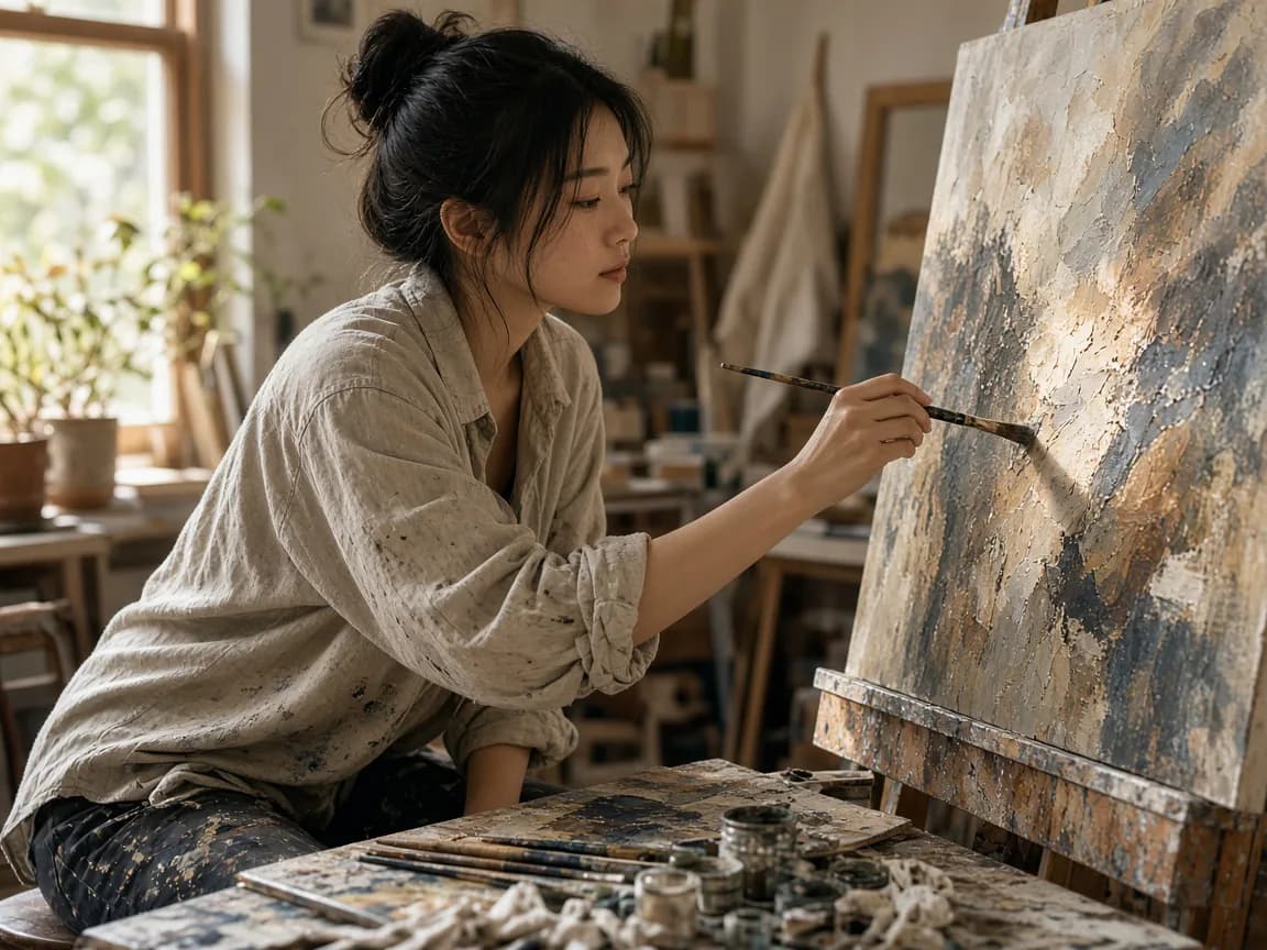 Artist painting on canvas in a working studio