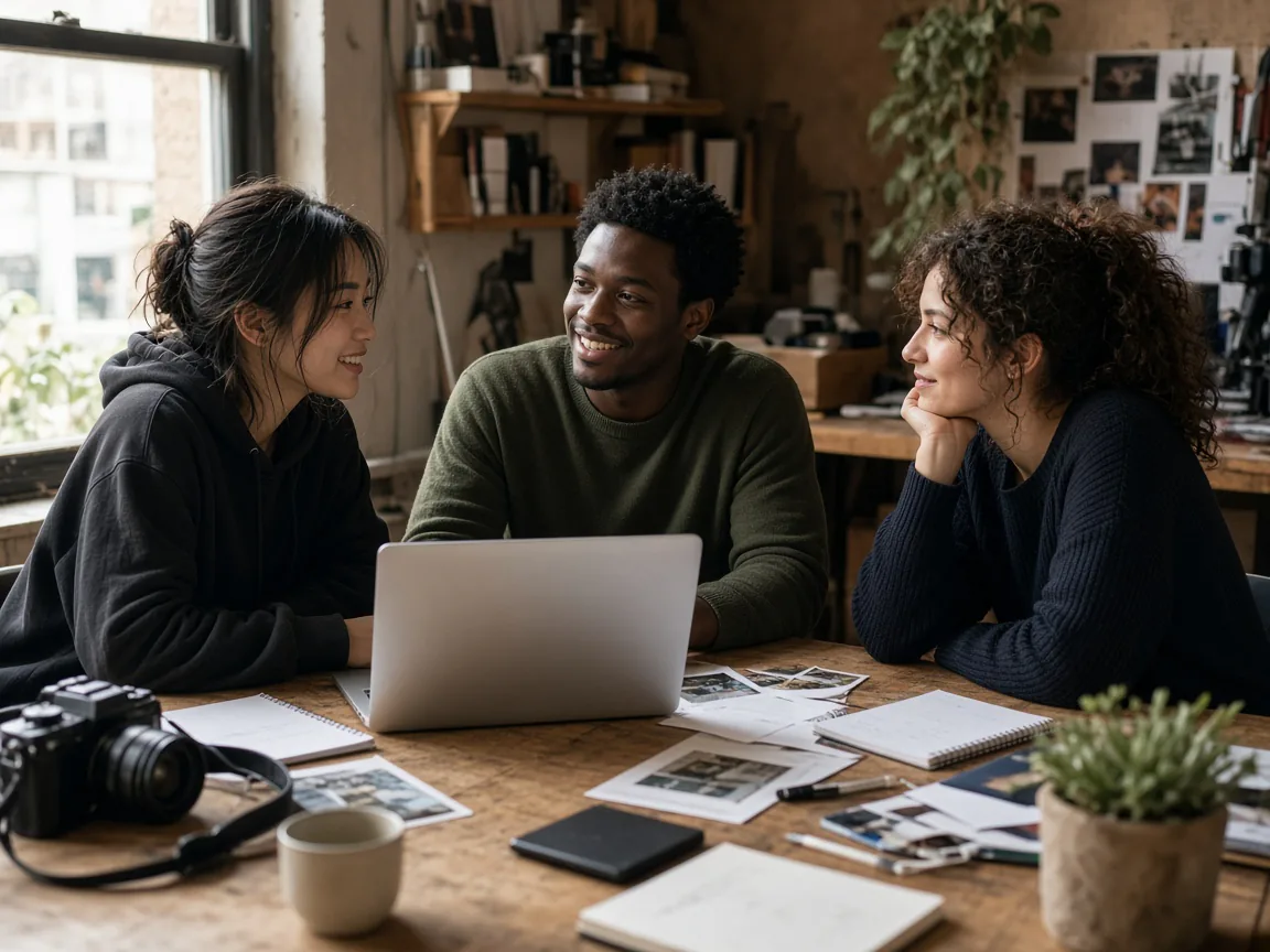 Small creator team collaborating in a studio