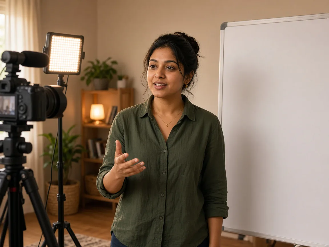 Online educator recording beside a whiteboard