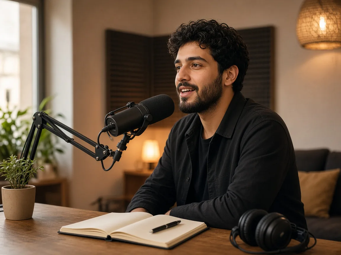 Podcaster speaking into a studio microphone